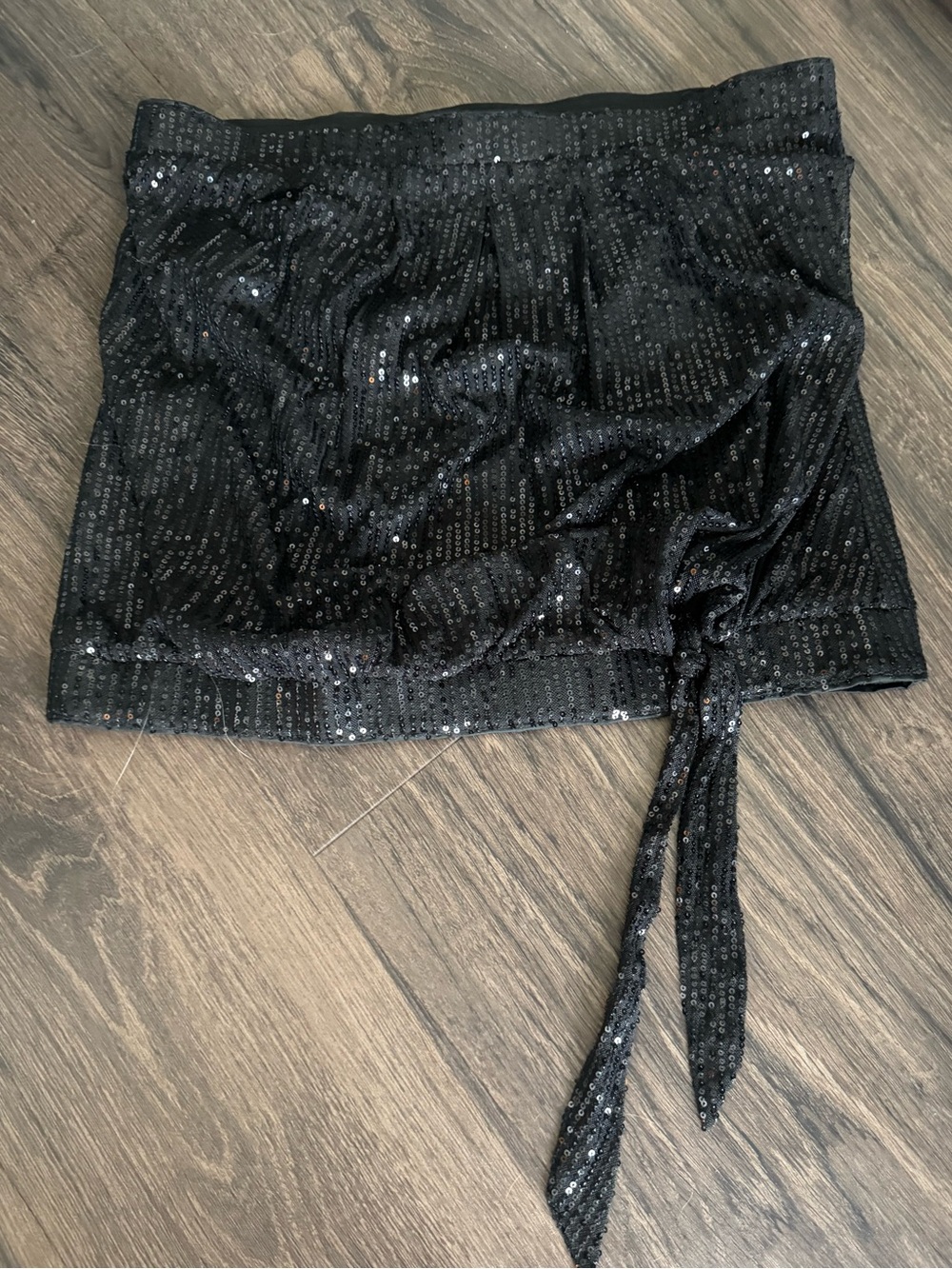 Black Sequin Tie-Detail strapless top